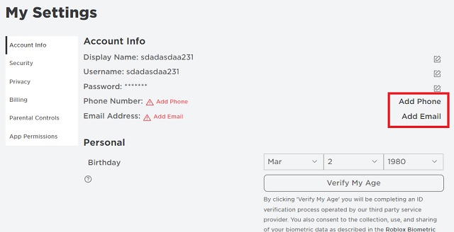 Roblox ఖాతాకు ఫోన్ మరియు ఇమెయిల్ జోడించండి